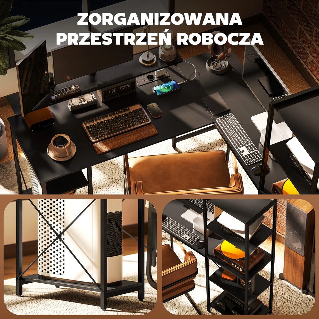 HOMCOM Biurko narożne L-kształtne z ładowarką, komputer stół narożny z podstawką pod monitor i półkami, do domowego biura, czarne