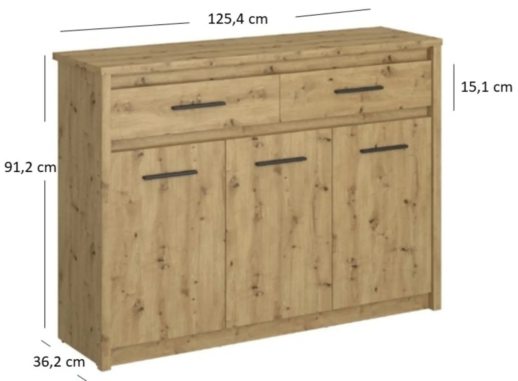 Komoda OPIA 125,4 cm Trzydrzwiowa z Szufladami Dąb Artisan
