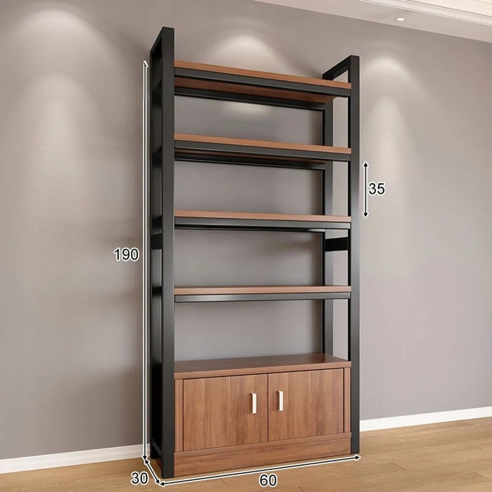 Czarna biblioteczka z metalową ramą, 5 półek z dolną półką — 190x60x30 cm