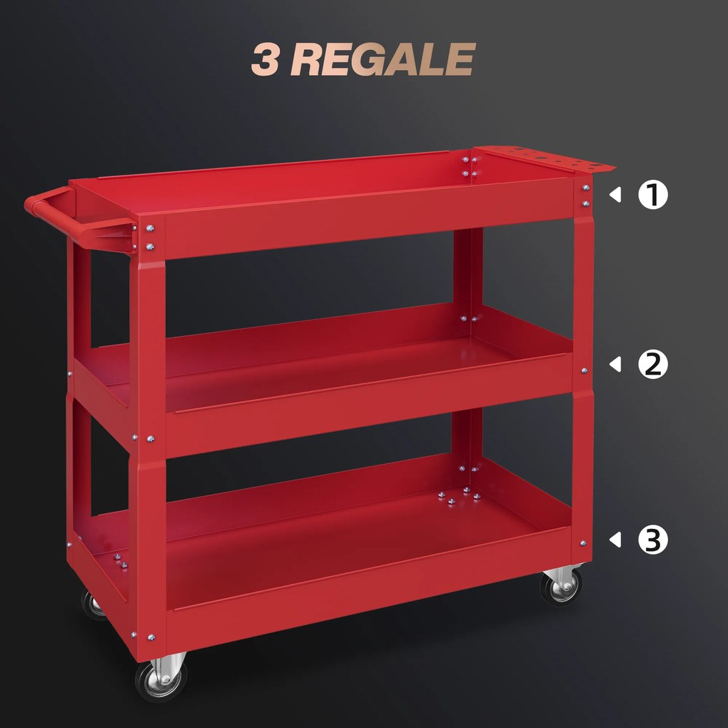 DURHAND 3-poziomowy wózek narzędziowy, 4 koła, stal, 83S x 35,3G x 76W cm, Czerwony