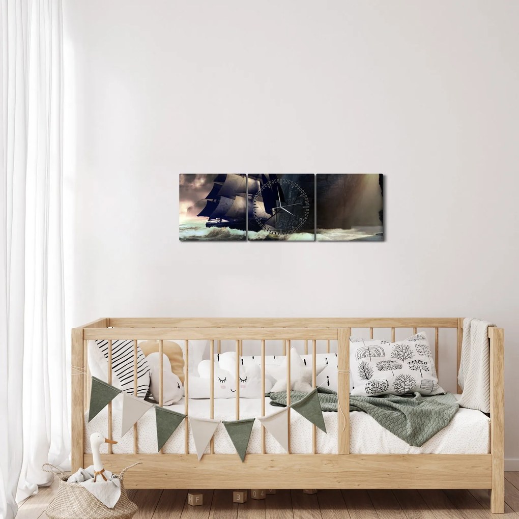 Obraz - Statek między klifami (z zegarem) (90x30 cm)