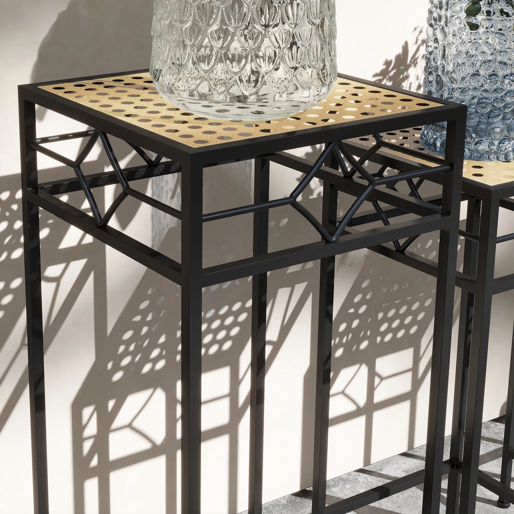 Outsunny Stojak na Rośliny, Zestaw 3 szt., okrągłe, składany, z efektem rattanu, metalowe nogi, do użytku wewnątrz i na zewnątrz, Czarno/Złoto