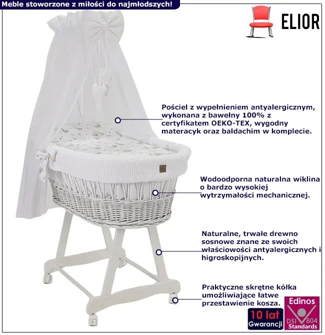 Biały komplet łóżeczko kosz z baldachimem K0-B01