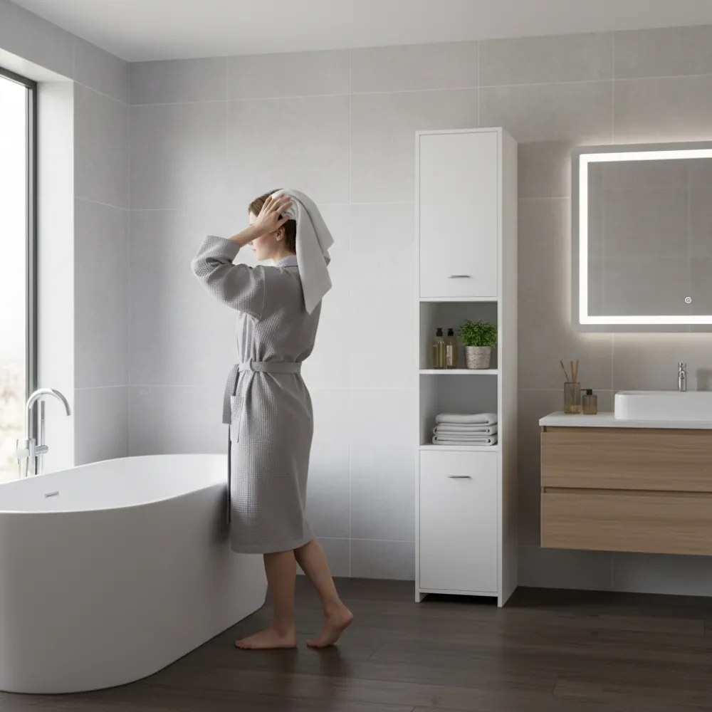 Wysoka szafka łazienkowa SILKE, 180×30×30cm, biała Casaria