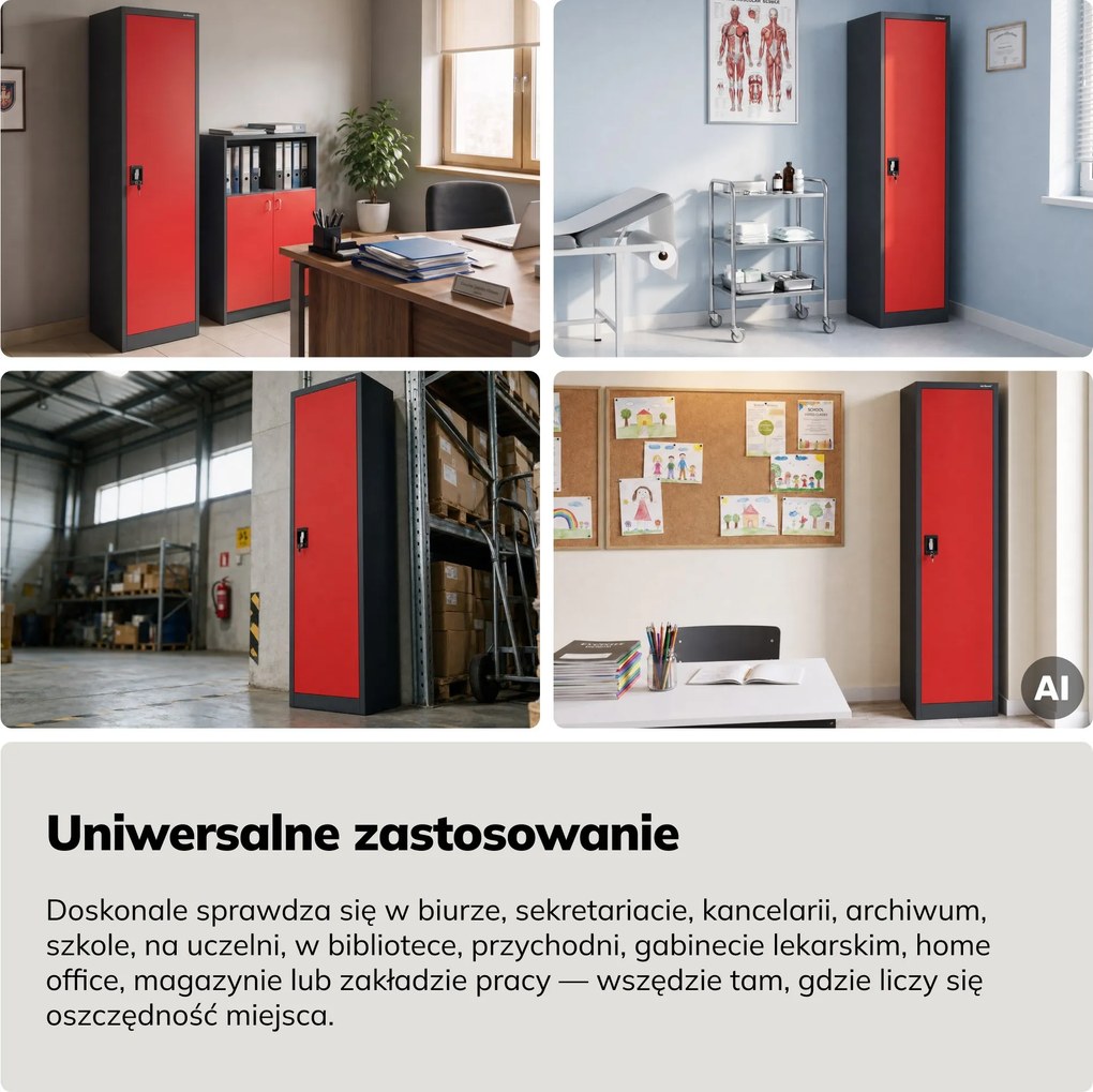 Szafa na akta kartotekowa na klucz antracytowo-czerwona, 450x1850x400 mm: ALEX
