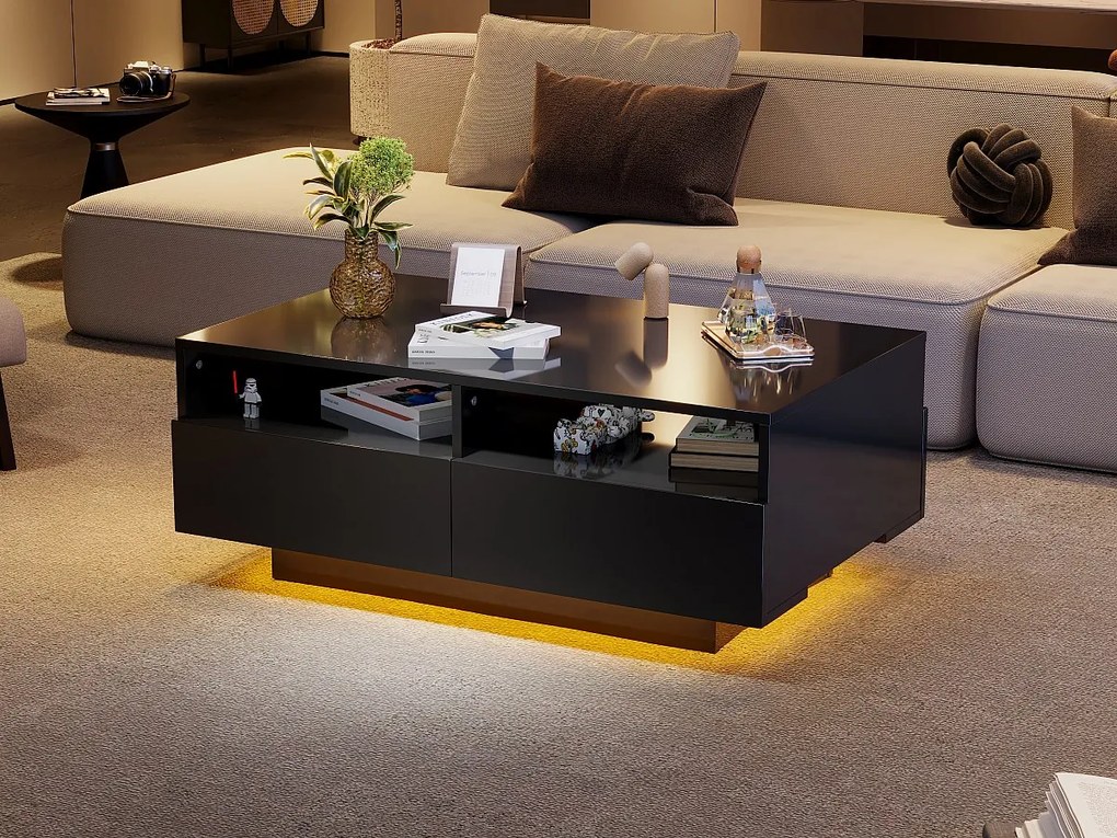 Stolik kawowy z 4 szufladami - 90 x 55 x 35 cm - LED - Płyta wiórowa - do salonu - Czarny połysk