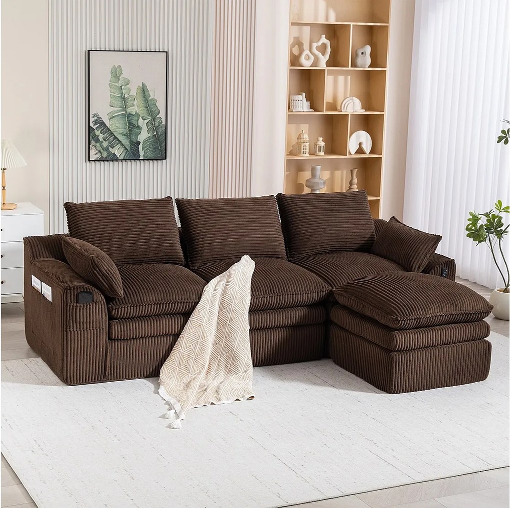 Modułowy zestaw wypoczynkowy z 3-osobową sofą z kordu - 263 x 167 x 85 cm - z 1 pufem + poduszki + 2 kieszenie - brązowy