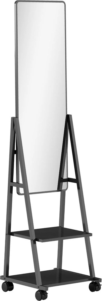 HOMCOM Mobilne Lustro Pełnej Długości z 2 Półkami i 4 Kołami, do Sypialni, Salonu, Przedpokoju, Czarny