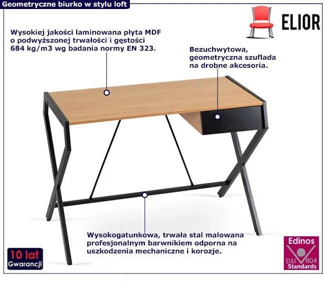 Biurko loft na metalowych nogach z szufladą dąb złoty + czarny - Helio