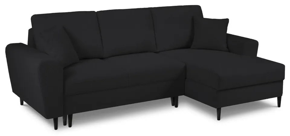 Czarny rozkładany narożnik ze schowkiem z materiału bouclé (prawostronny/z szezlongiem) Kyoto – Cosmopolitan Design