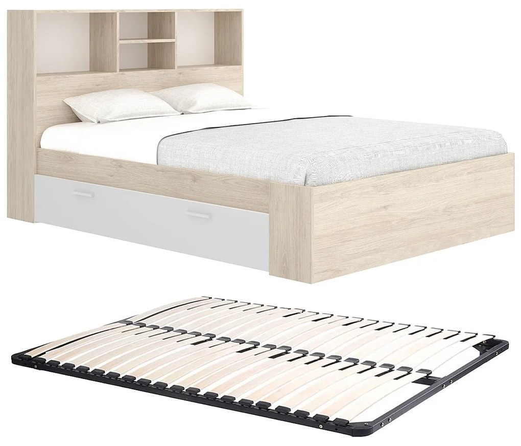 Łóżko 140 x 190 cm  ze skrzynią i - Naturalny i biały + Stelaż - VARDIEL