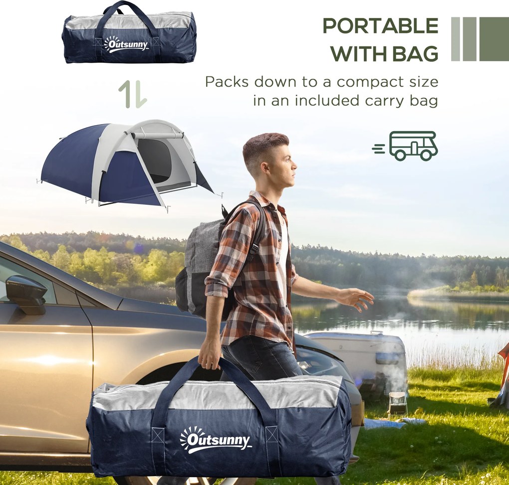Outsunny Namiot kempingowy dla 3-4 osób, solidny, z torbą, 2 otwory, akcesoria, Niebieski