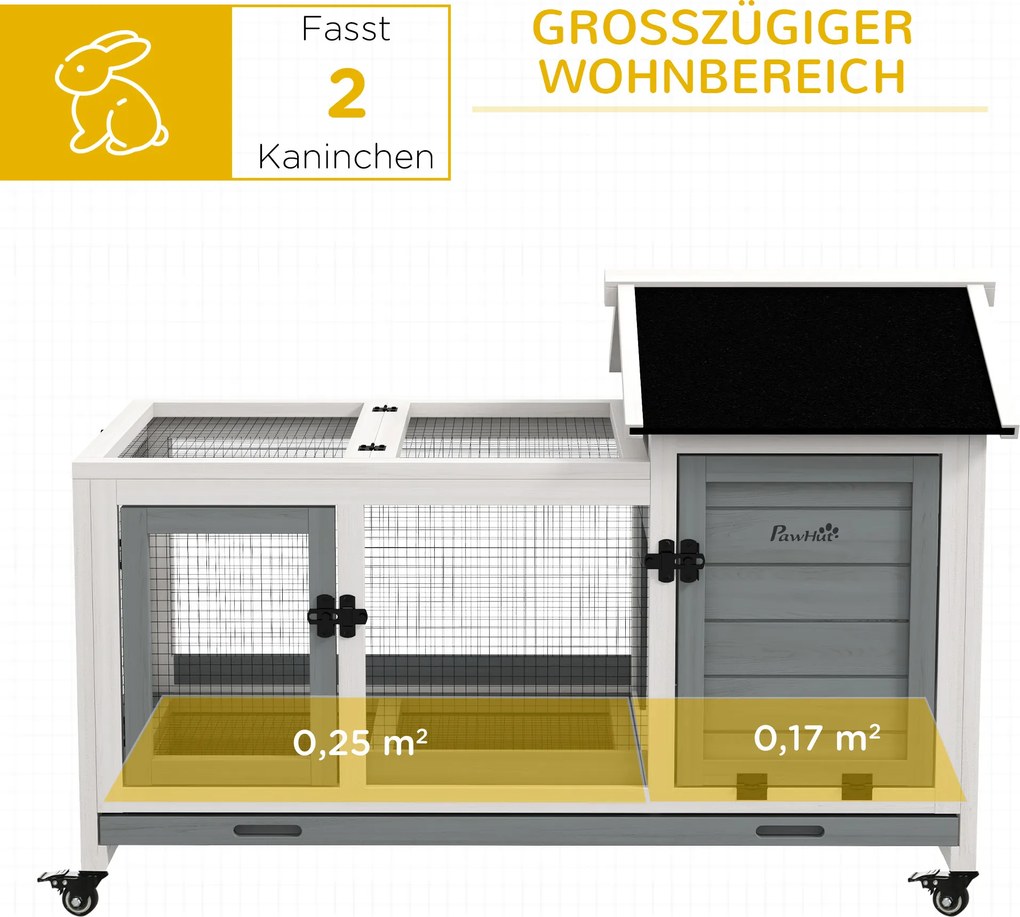 Domek dla małych zwierząt PawHut dla królików miniaturowych, świnek morskich, z kołami, 108 x 58 x 73,5 cm, szary