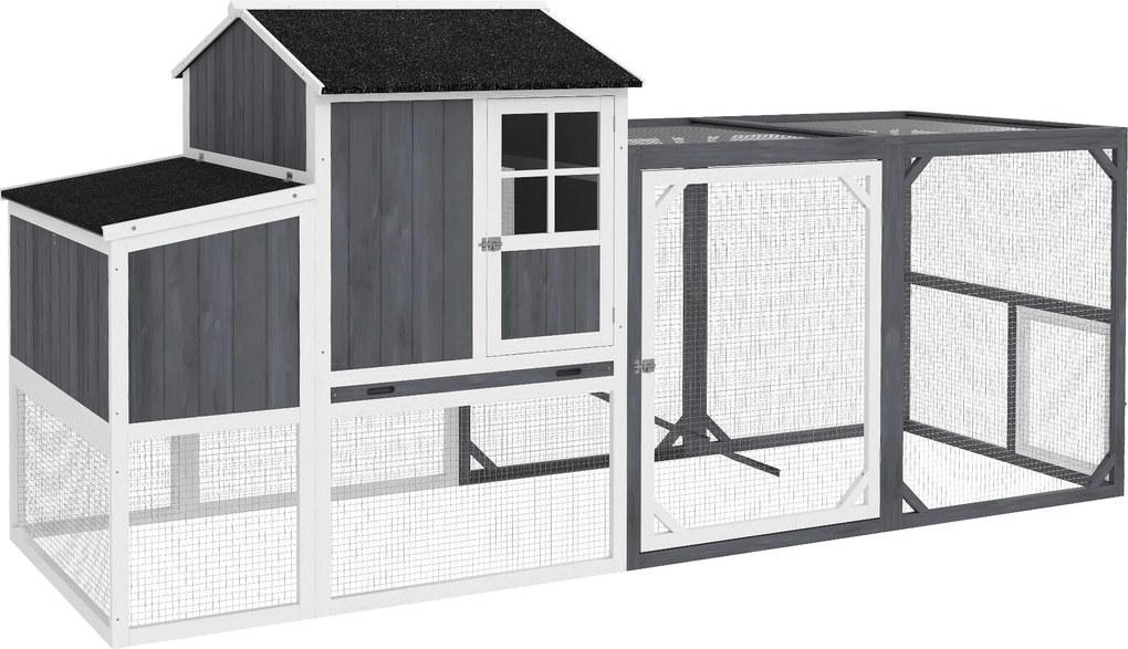 PawHut Kurnik z wybiegiem dla 3-4 kur, 3-częściowe gniazdo, 1,9 m² powierzchni, drewno jodłowe, szary