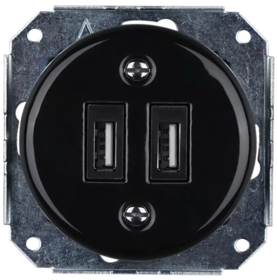 Bohemia-Design - Porcelanowe, retro, bezramkowe gniazdko zasilające USB 2x USB-A, czarne