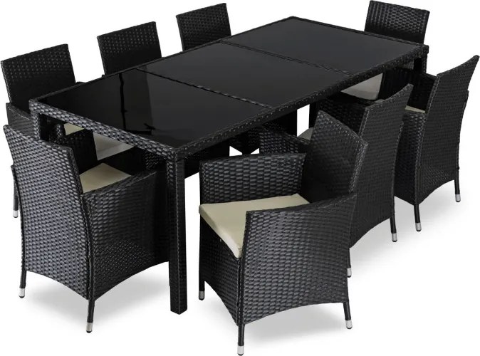 Zestaw Mebli Ogrodowych POMONA Czarny/Beżowy 8 Krzeseł Stół Tarasowy Technorattan Nowoczesny