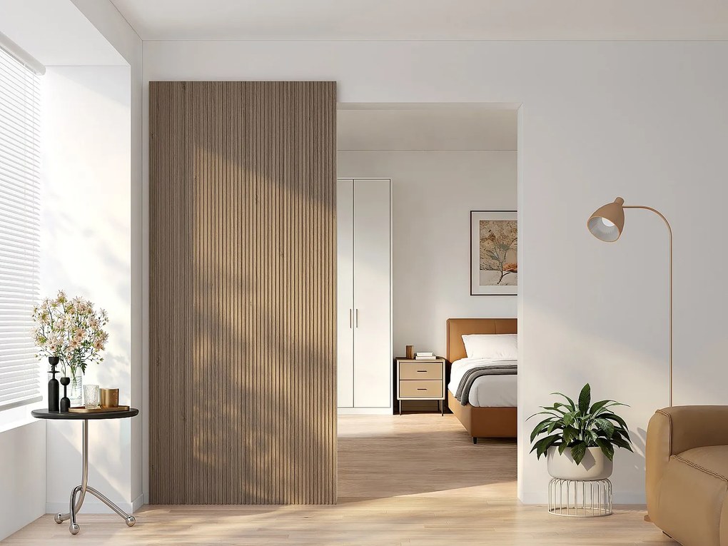 Drzwi przesuwne z drewna i MDF z niewidoczną szyną - Naturalny jasny prążkowany - 93 x 210 cm - LORVISA