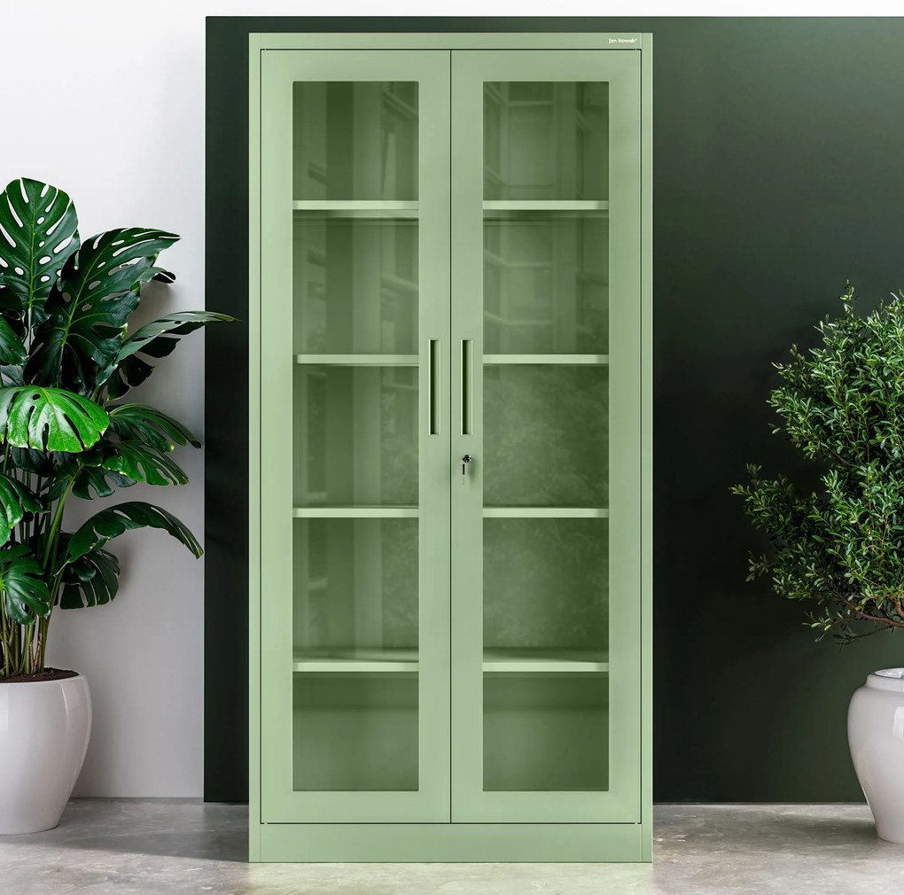 Witryna przeszklona metalowa wysoka z zamkiem pastelowy zielony, 900x1850x400 mm: AMELIA Fresh Style