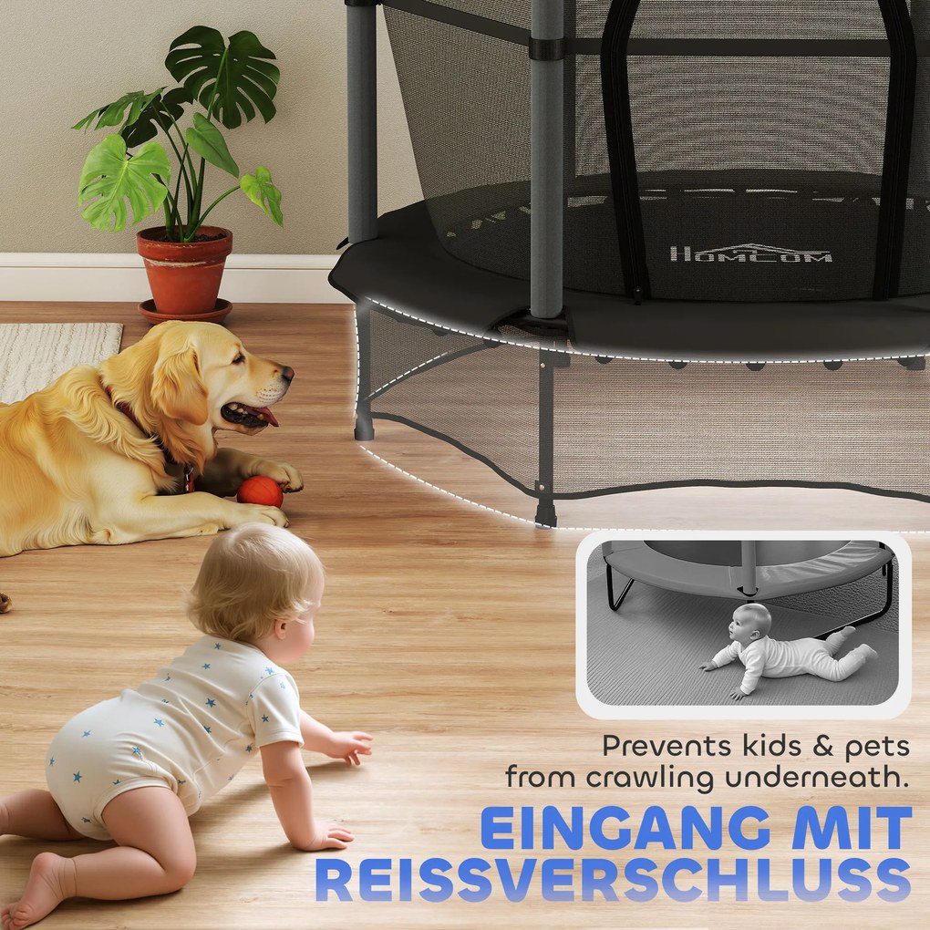HOMCOM Trampolina dla dzieci, Ø140 cm, z siatką bezpieczeństwa, na zewnątrz i do środka, stal, plastik, do 50 kg, czarna