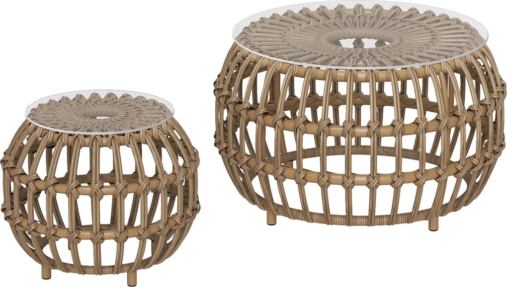 Outsunny Zestaw 2 Stolików Bocznych z Polirattanu Ø66/42 cm Okrągłe Wodoodporne z Blatem ze Szkła Brązowe