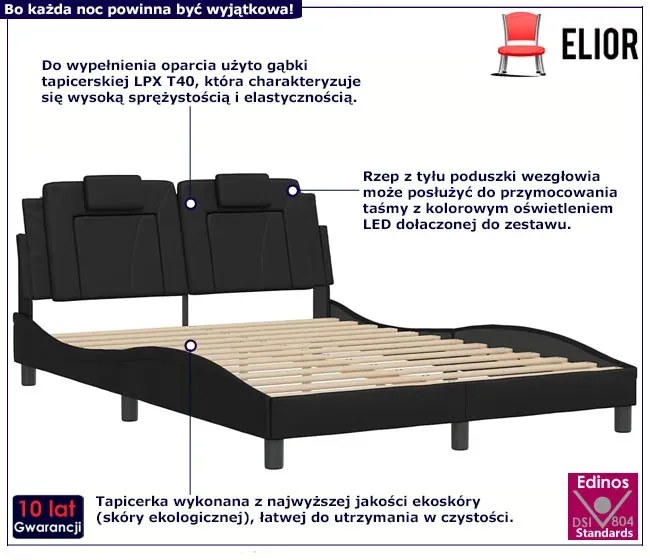 Czarne podwójne łóżko z ekoskóry z LED 140x200 - Izmo 5X