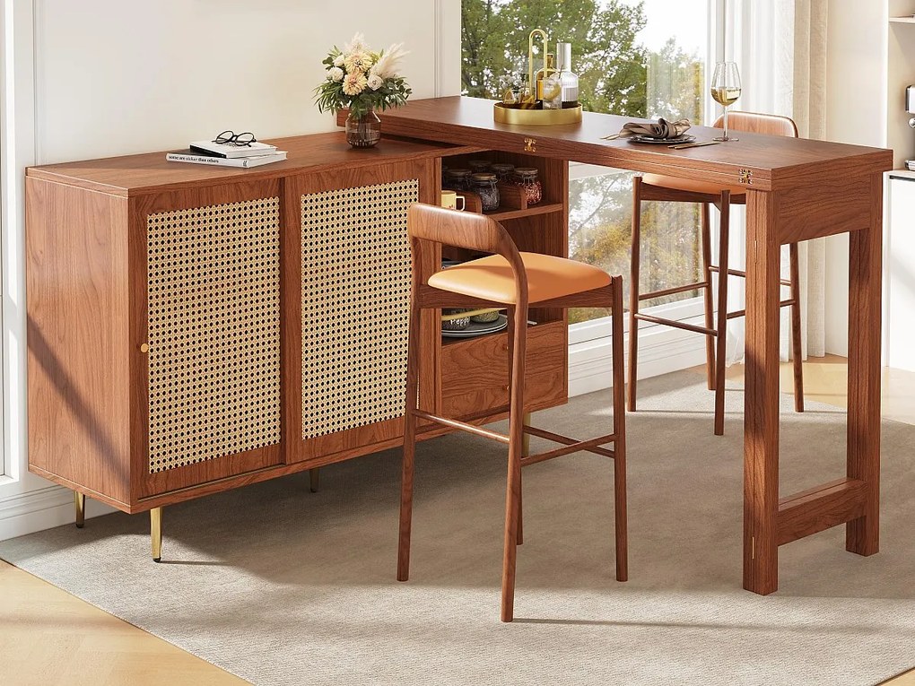 Bufet, rozkładany mebel barowy - z MDF - z różnymi schowkami - Brązowy