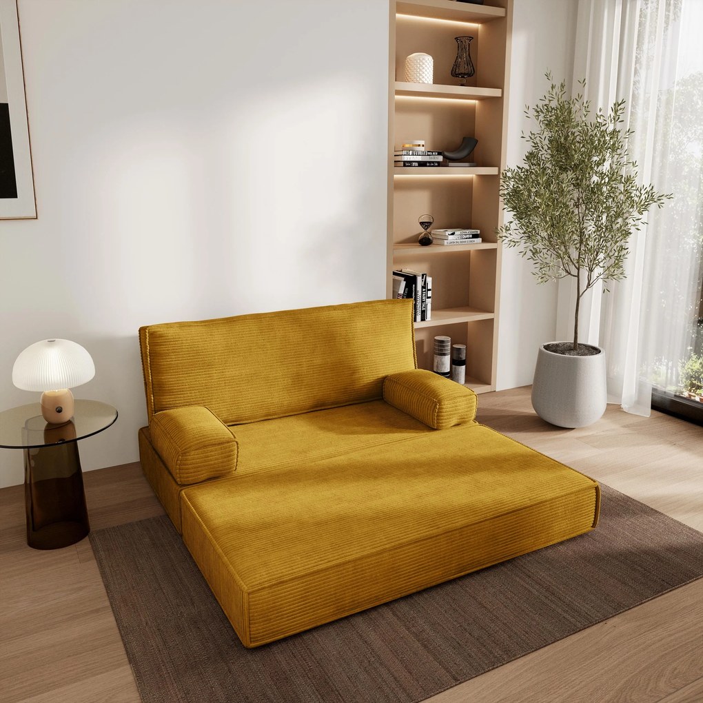 Masseno Sofa piankowa LADIA z funkcją spania, Kanapa z pianki do salonu, Bezmontażowa, Tkanina sztruksowa – Żółty POSO 01