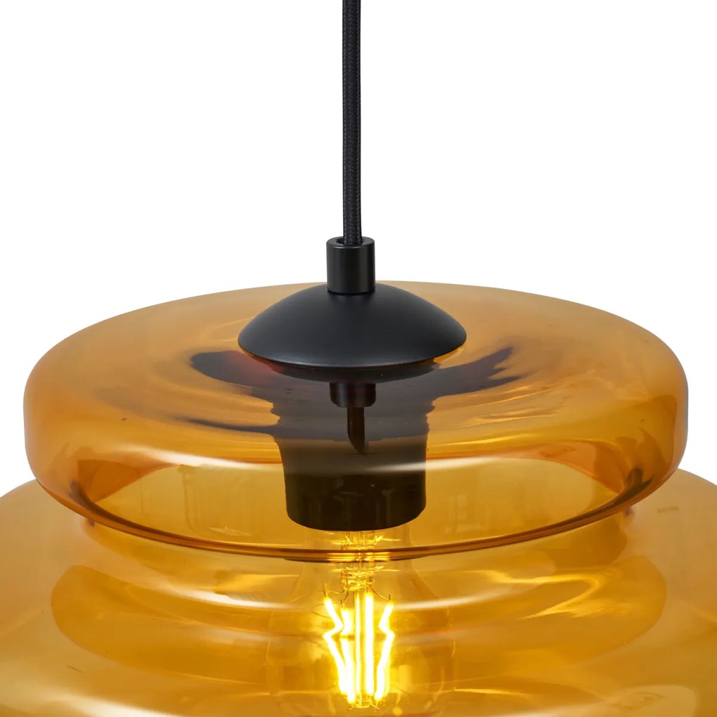 Retro Lampa Wisząca Czarna z Pomarańczowym Szkłem 3-punktowa - Denise Retro Oswietlenie wewnetrzne