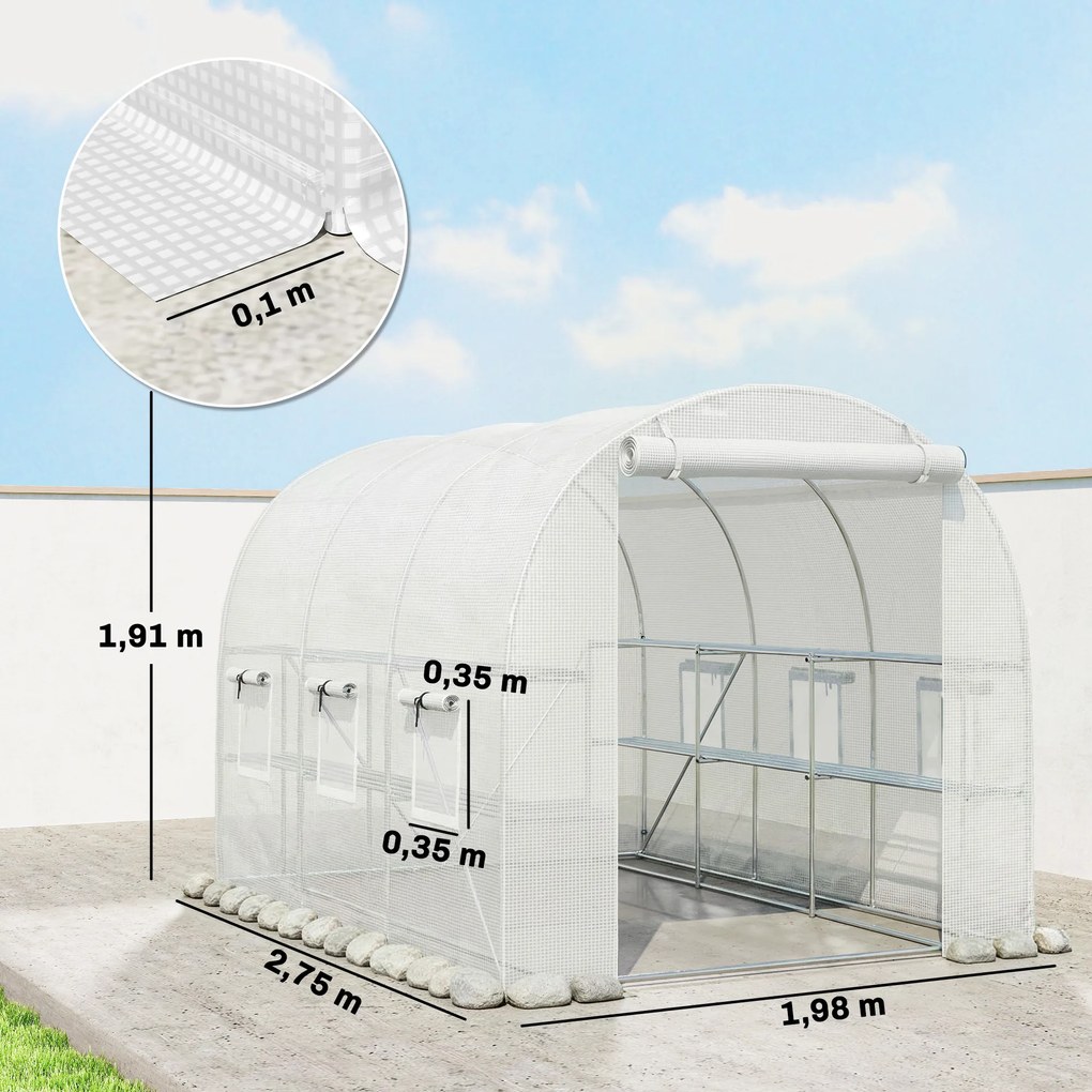 Outsunny Szklarnia foliowa 2,7 x 2 x 2 m z półkami, rolowanymi drzwiami, 6 oknami, wspornikami | Aosom PL