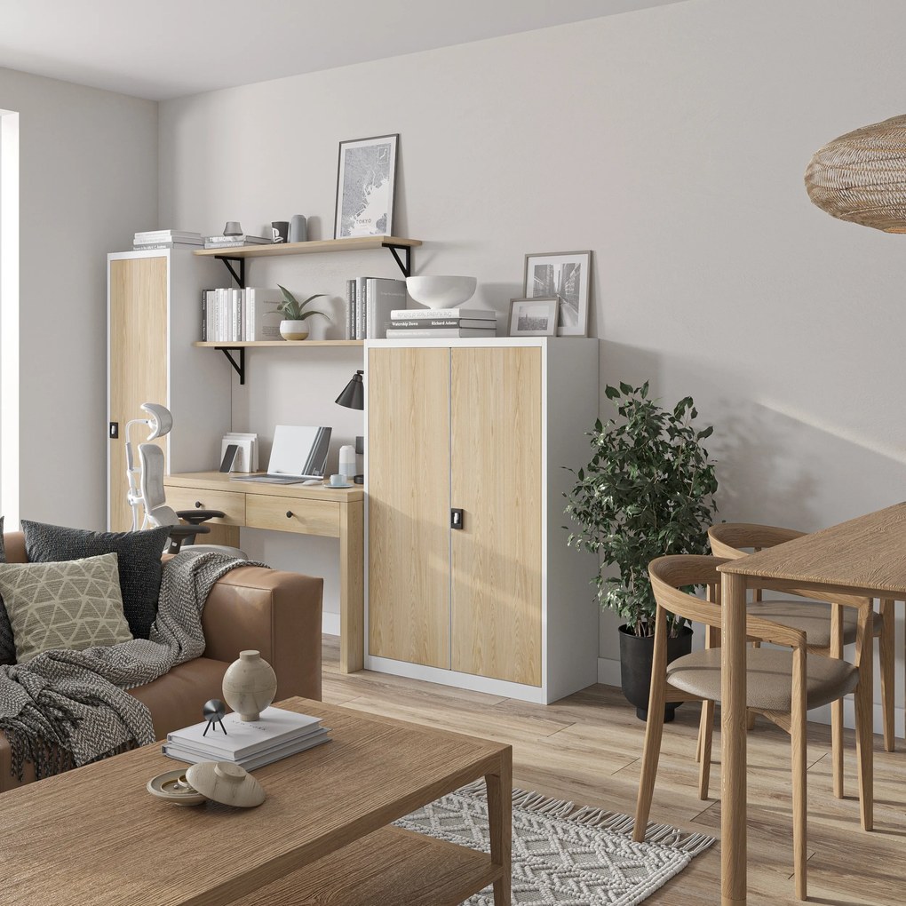 Szafa biurowa metalowa niska z 3 półkami biała/dąb sonoma, 900x1400x400 mm: KEVIN Eco Design