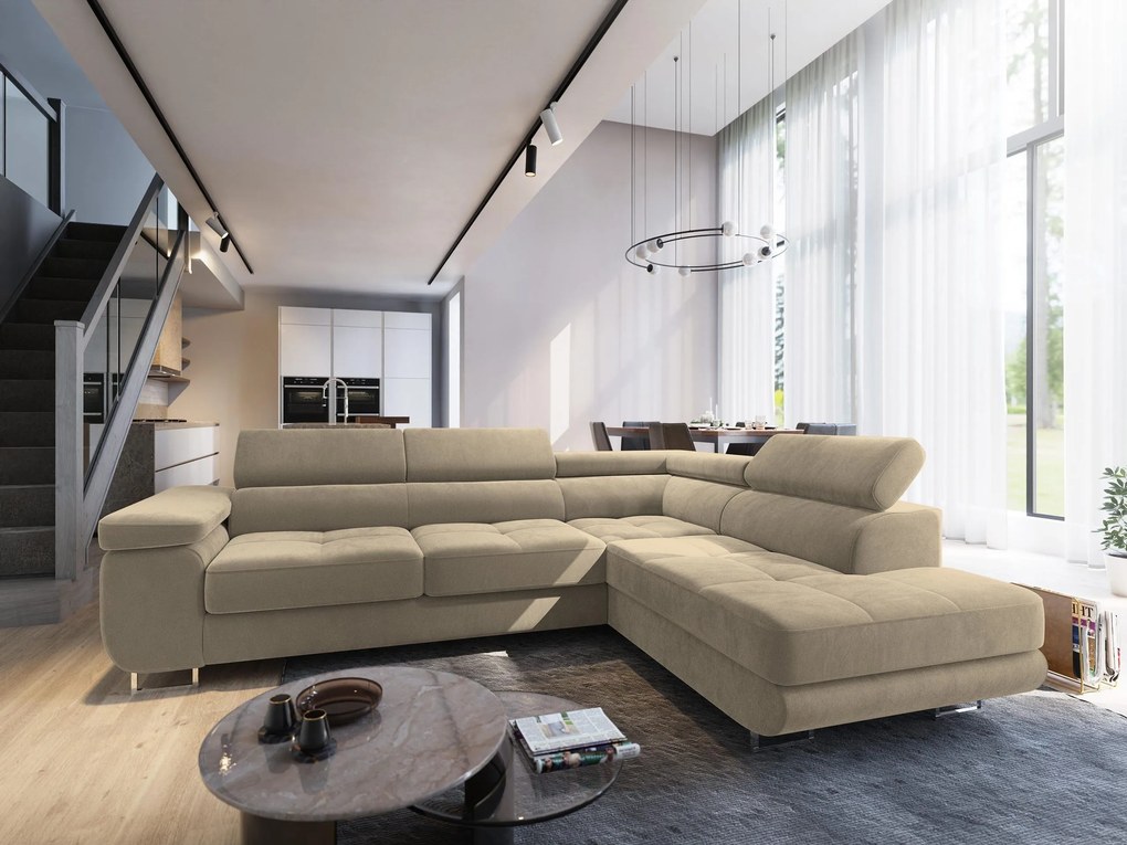 Masseno Narożnik SELVA z Funkcją Spania i Pojemnikiem na Pościel Narożnik L, Rozkładana sofa - Kremowy, MONOLITH 04