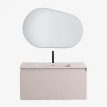 Zestaw Drewnianych Mebli Łazienkowych Macrae Ze Zintegrowaną Umywalką Nature & Owalna Lampa Led I Przeciwmgielna 100x80 Cm - Sklum