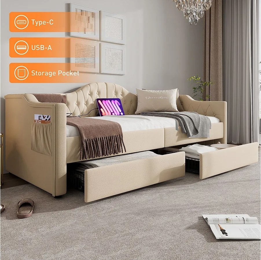 Łóżko tapicerowane 90 x 200 cm z ładowaniem USB typu C i 2 szufladami, Sofa rozkładana - Aksamit - Beż