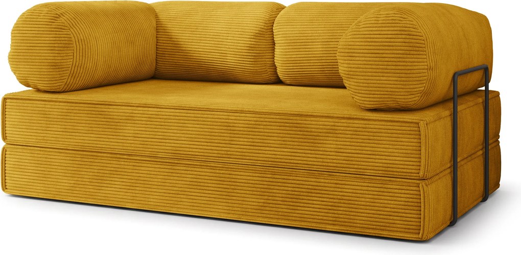 Masseno Sofa piankowa ALVIO z funkcją spania, Kanapa z pianki do salonu, Bezmontażowa, Tkanina sztruksowa – Żółty POSO 01