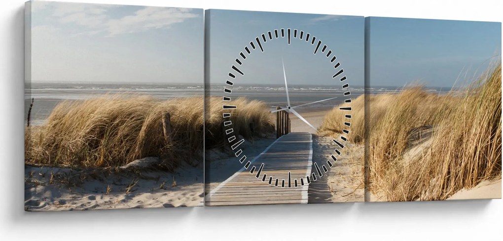 Obraz - Piaszczysta plaża na wyspie Langeoog, Niemcy (z zegarem) (90x30 cm)