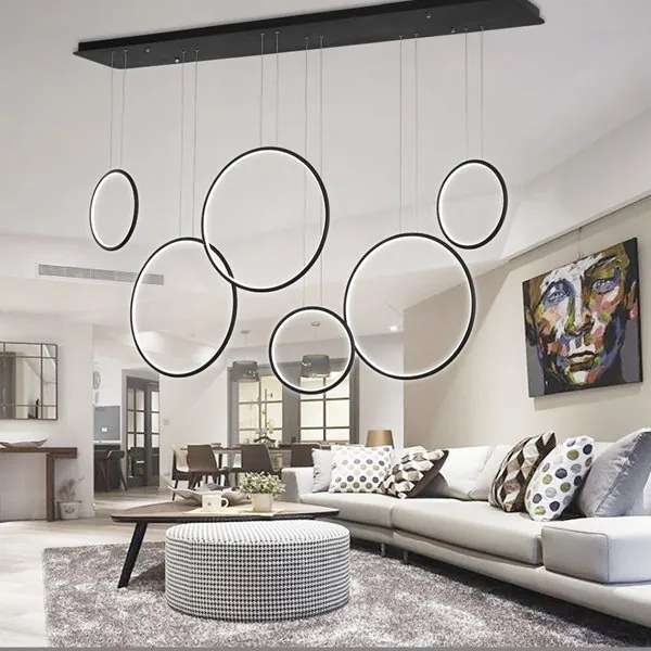 Szeroka lampa wisząca do salonu Ledowe Okręgi No.8 w stylu designerskim czarna