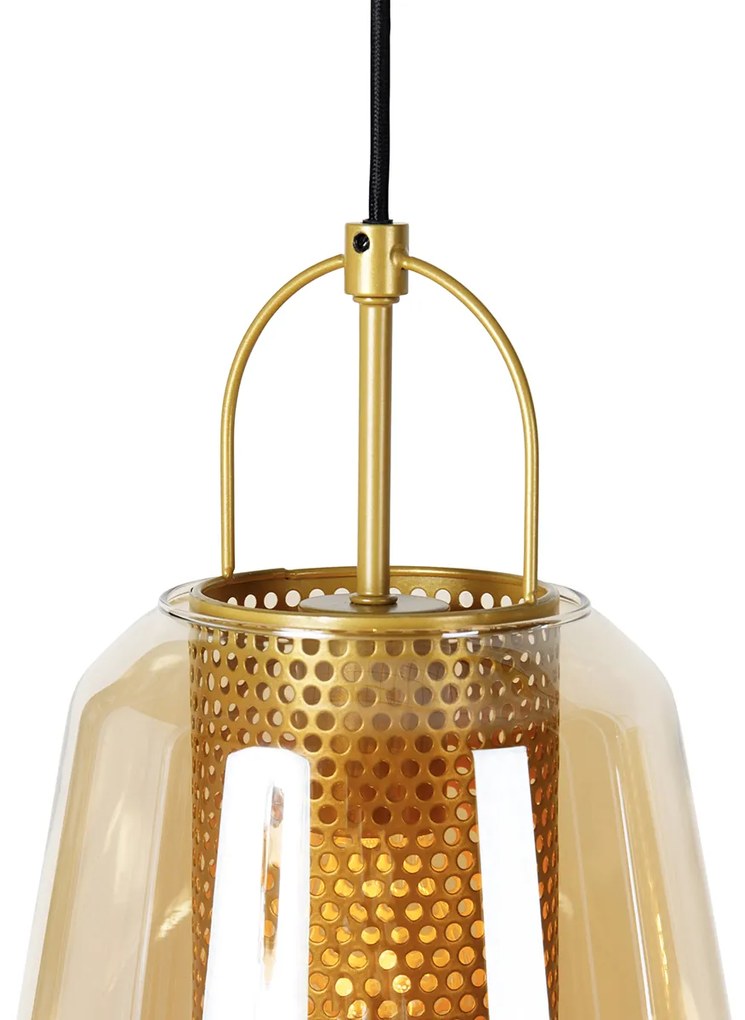 Lampa wisząca złota z bursztynowym szkłem 23 cm owalna 3-światłowa - Kevin ArtDeco Oswietlenie wewnetrzne