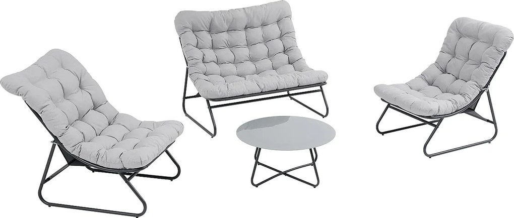 Zestaw mebli ogrodowych ze stali: kanapa 2-osobowa, 2 fotele i stolik kawowy - Antracyt z szarymi poduszkami - LYMIS od MYLIA