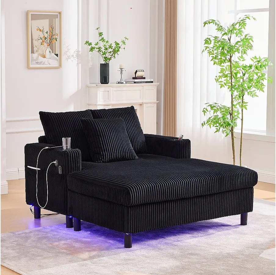Sofa lounge z czarnego pluszu z portem USB, oświetleniem LED i uchwytami na kubki