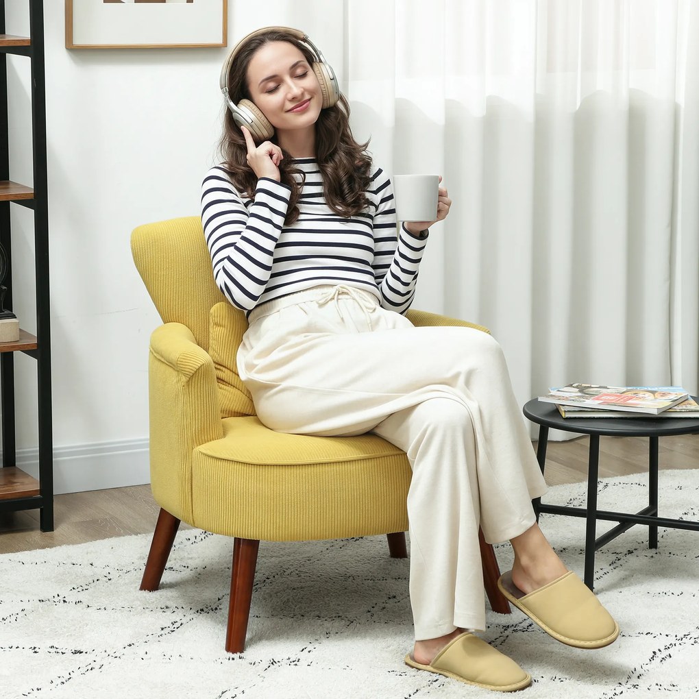 HOMCOM Fotel Relaksacyjny do salonu z oparciem tapicerowany w kord zaokrąglone podłokietniki nogi drewniane do sypialni ładunek 120 kg żółty | Aosom PL