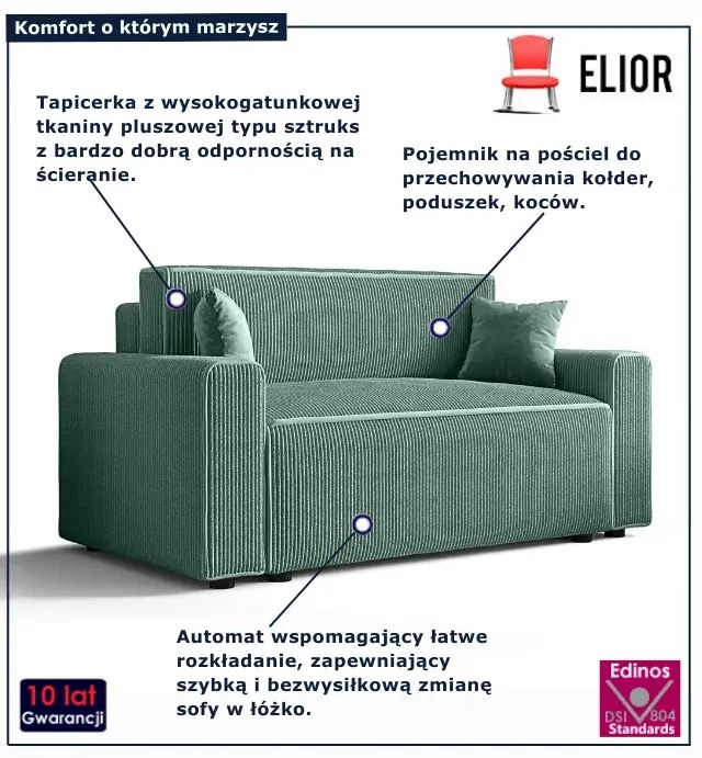 Miętowa rozkładana sofa z pojemnikiem na pościel P0-F97