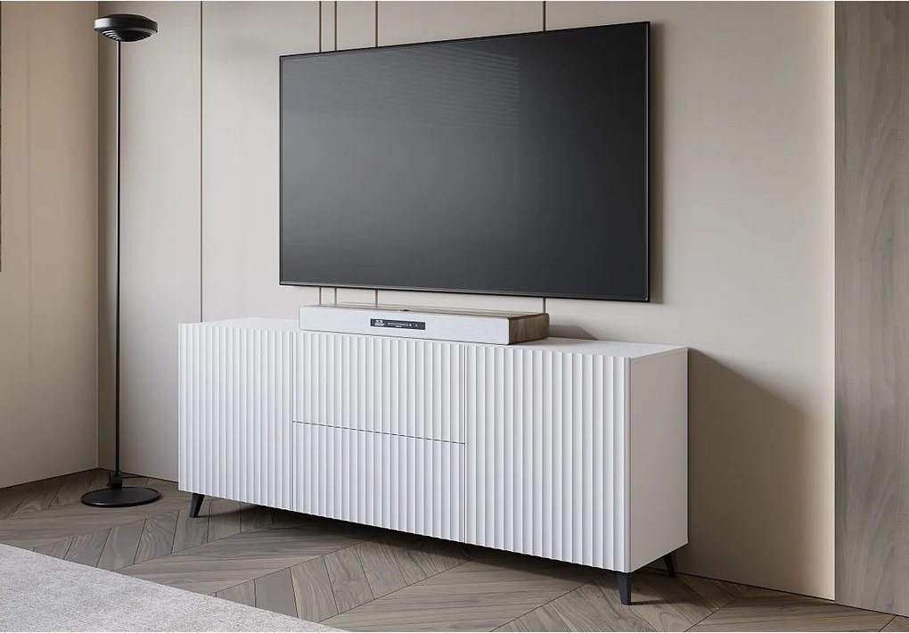 Nowoczesny lowboard 180 cm biały, szafka RTV z ryflowanymi frontami, 2 szuflady i 2 szafki boczne