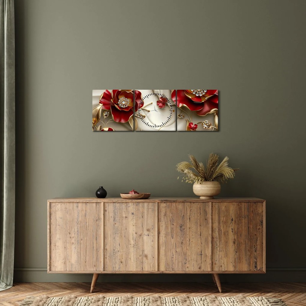 Obraz - 3D czerwono-złote kwiaty (z zegarem) (90x30 cm)