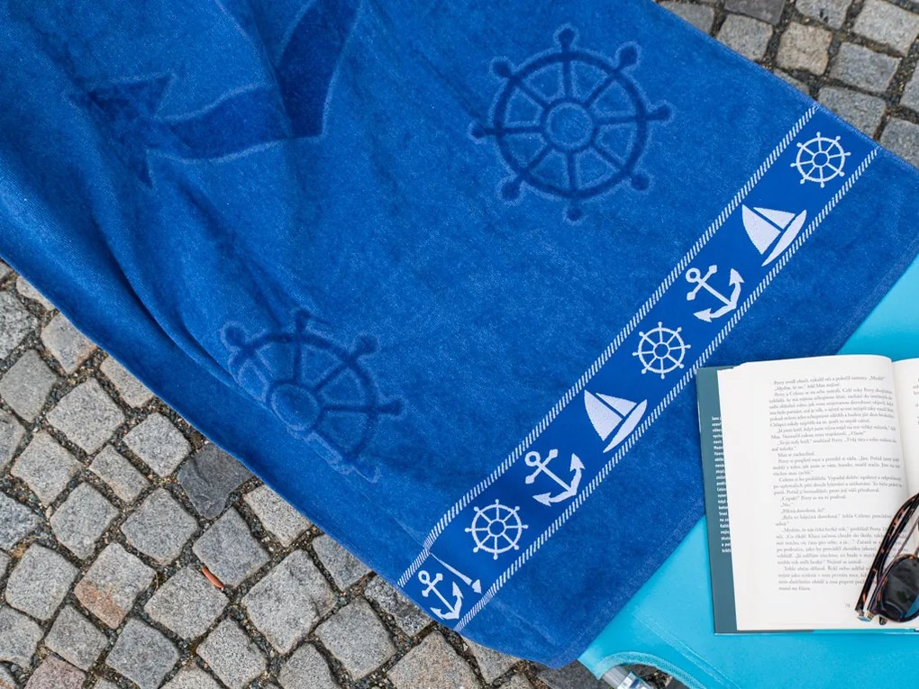 Ręcznik plażowy KOTWICA I KOŁO STEROWE niebieski