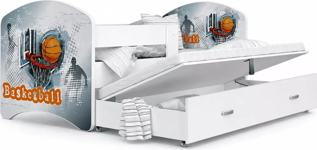 Łóżko dziecięce Dafin z szufladą i barierką 200x90 – łóżko młodzieżowe z pojemnikiem bajkowe wzory