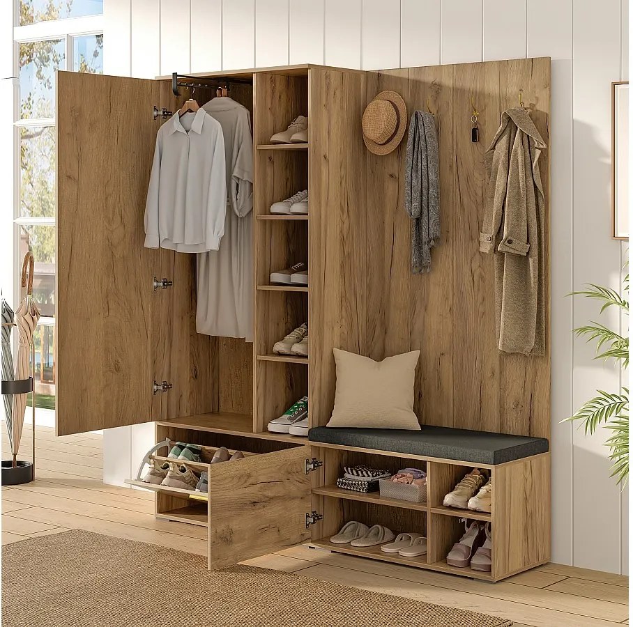 Szafa/wieszak - 160 x 38 x 180 cm - z szafką i ławką na buty + drążek na wieszaki + 4 haczyki + lustro + drzwi - płyta wiórowa - naturalny