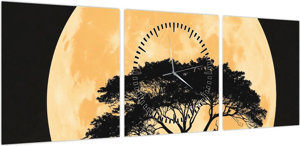 Obraz – Drzewo w złotej pełni księżyca II. (z zegarem) (90x30 cm)