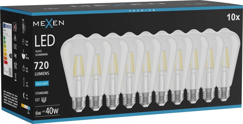 Mexen Vintis 10x żarówka filament LED E27, ST64, 6W, Zimna - 6500K, 720 lm, clear - L152-E27-0665-00x10