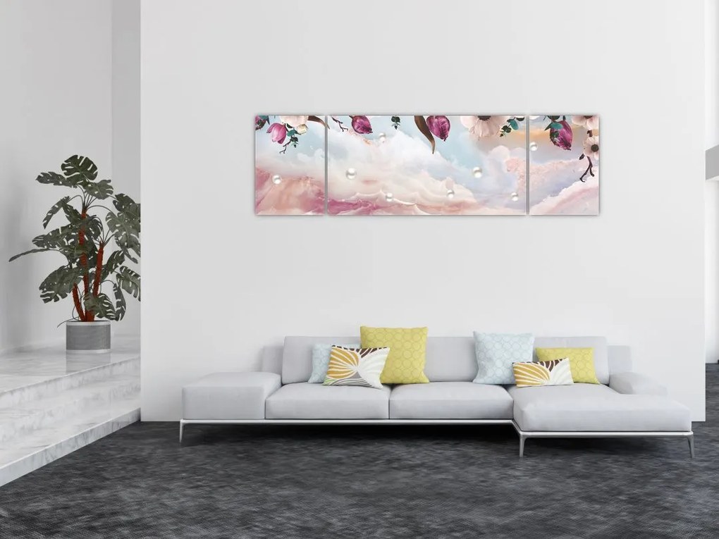 Obraz różowych kwiatów z różowym marmurem (170x50 cm)