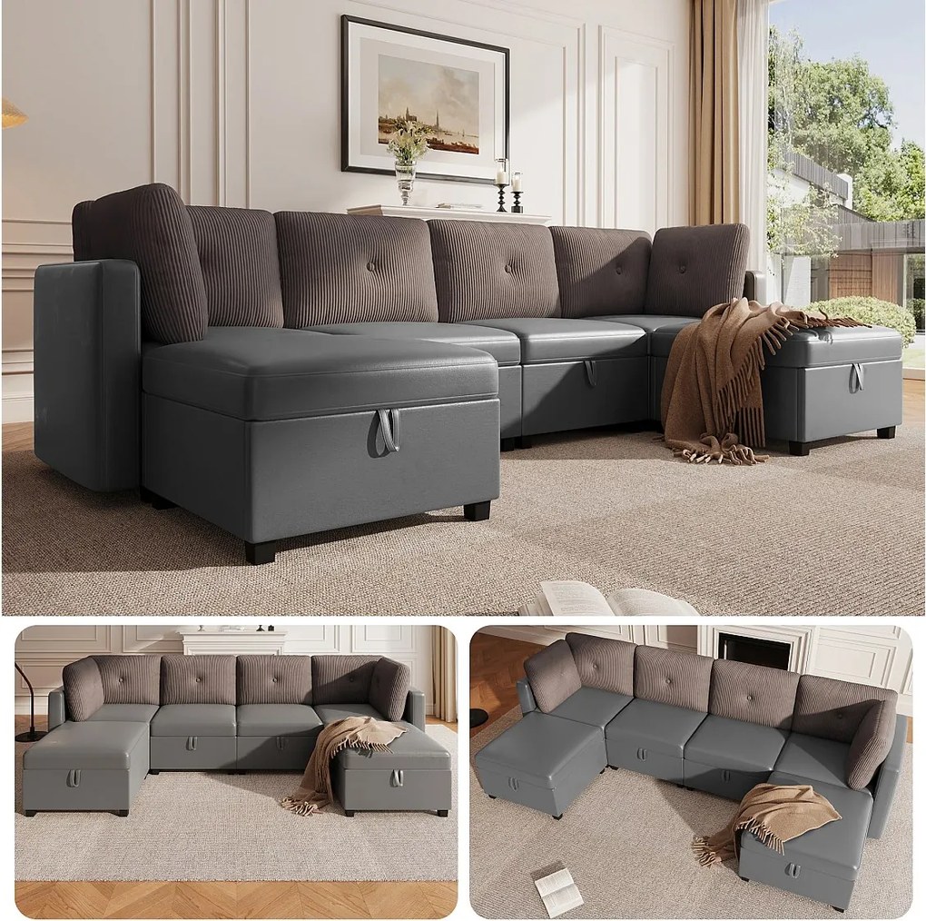 Narożnik modułowy 6-osobowy - 261 x 132,5 x 85 cm - z podnóżkiem ze schowkiem + poduszki - welur - szary